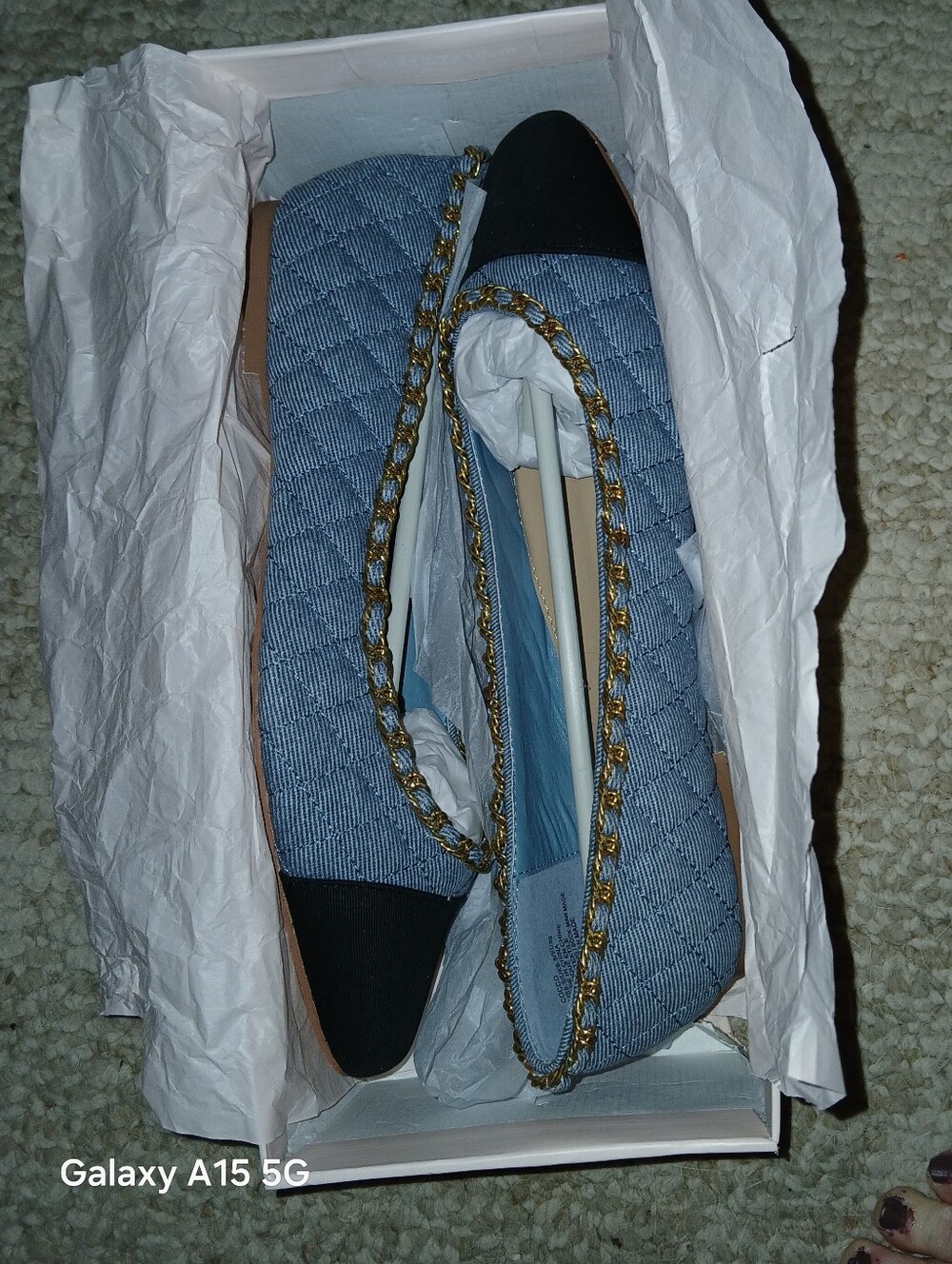 🥿 JustFab Denim Quilted Ballet Flats w/Navy Cap Toe and Gold Chain